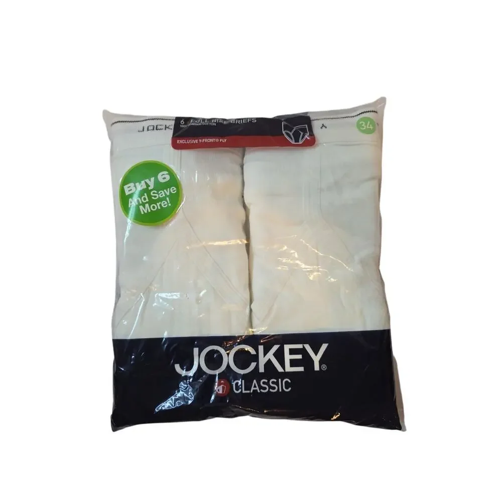 Jockey Men's Underwear Sz 34, Classic Full Rise Brief - 6 Pack, White Y Front